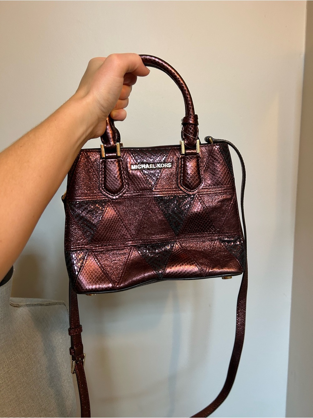 Michael Kors Adele Patchwork Crossbody Metallic Wine Satchel with Top Handles